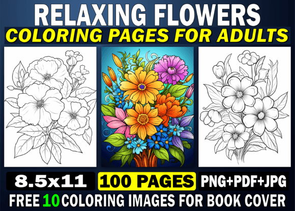 Preview of 100 Relaxing Flower Adult Coloring Pages coloring pages for adults
