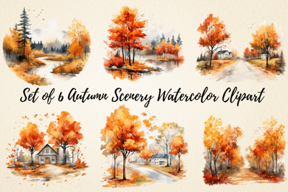 Autumn Scenery Watercolor Clipart Graphic by pcudesigns · Creative Fabrica