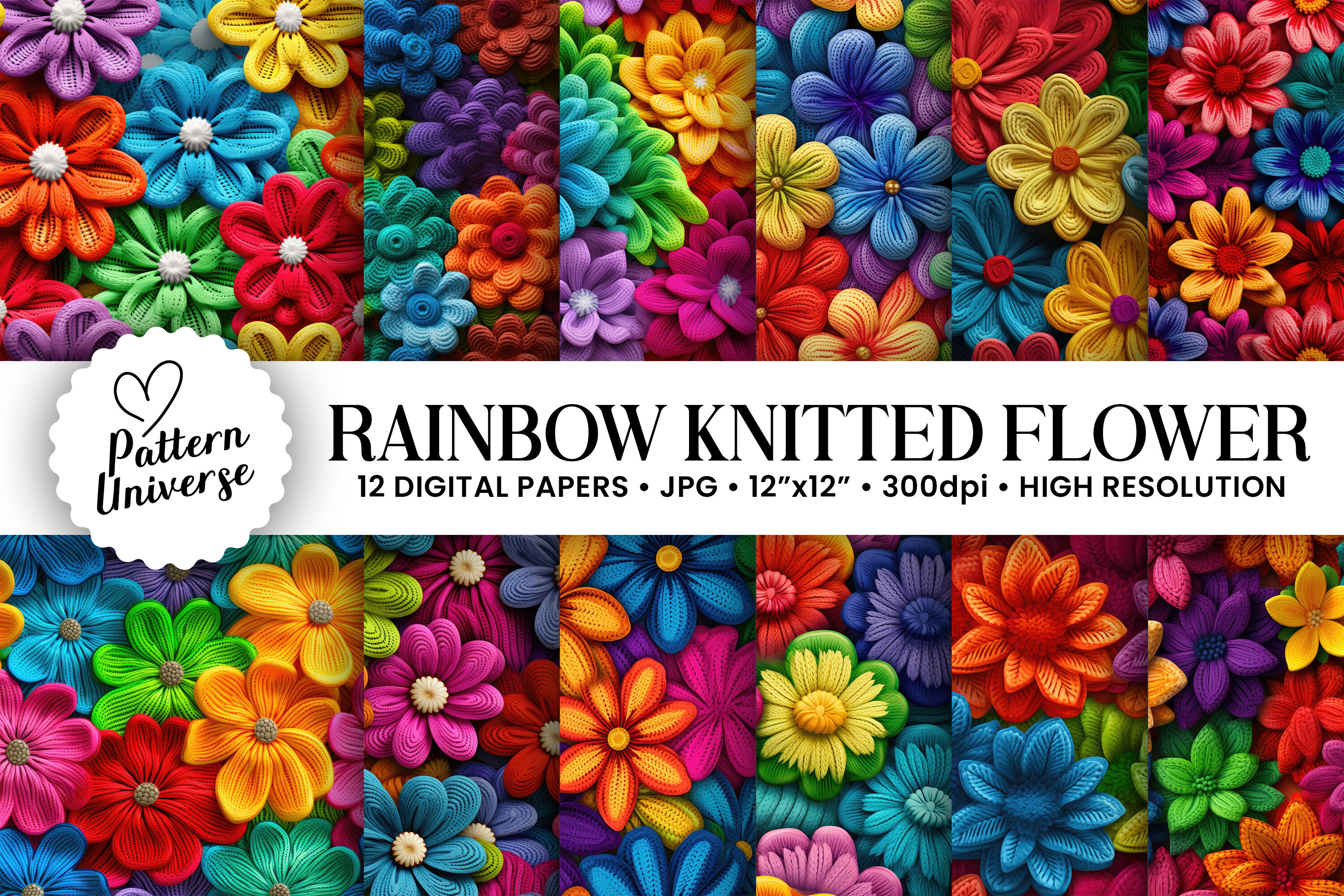Rainbow Knitted Flowers Digital Papers Graphic by Pattern Universe ...
