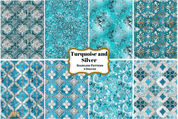 Seamless Turquoise and Silver Pattern Gráfico Padrões de IA Por JinnyStudio7559