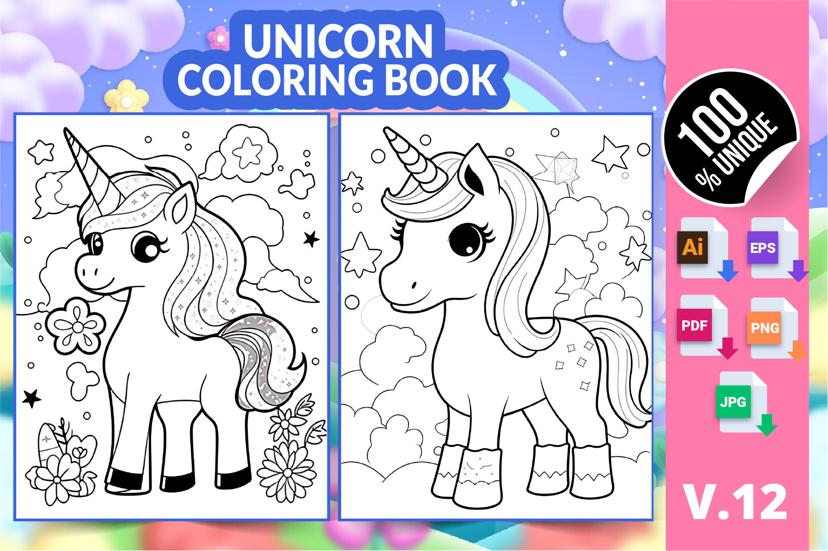 Unicorn Coloring Book KDP Interior V12 Graphic by Creative king ...