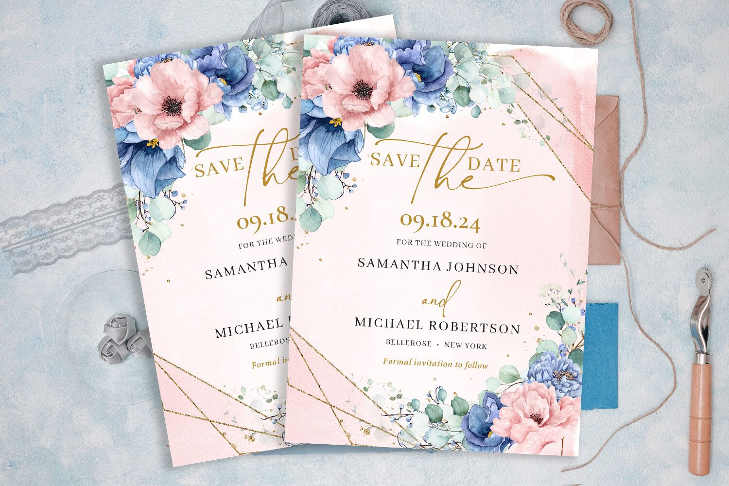 Dusty blue and dusty pink save the date