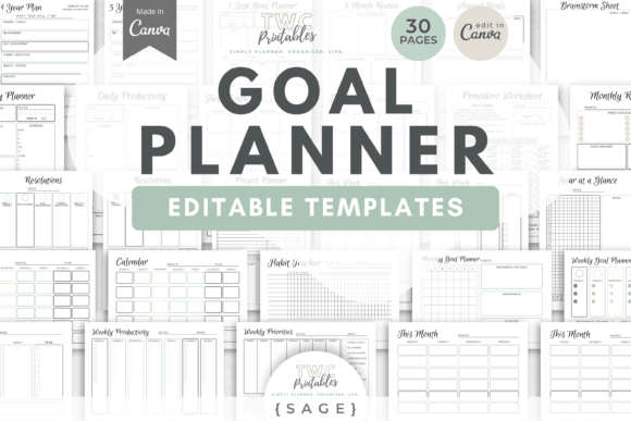 Goal Planner Canva Templates | SAGE Graphic Planners & Schedules By TWCprintables