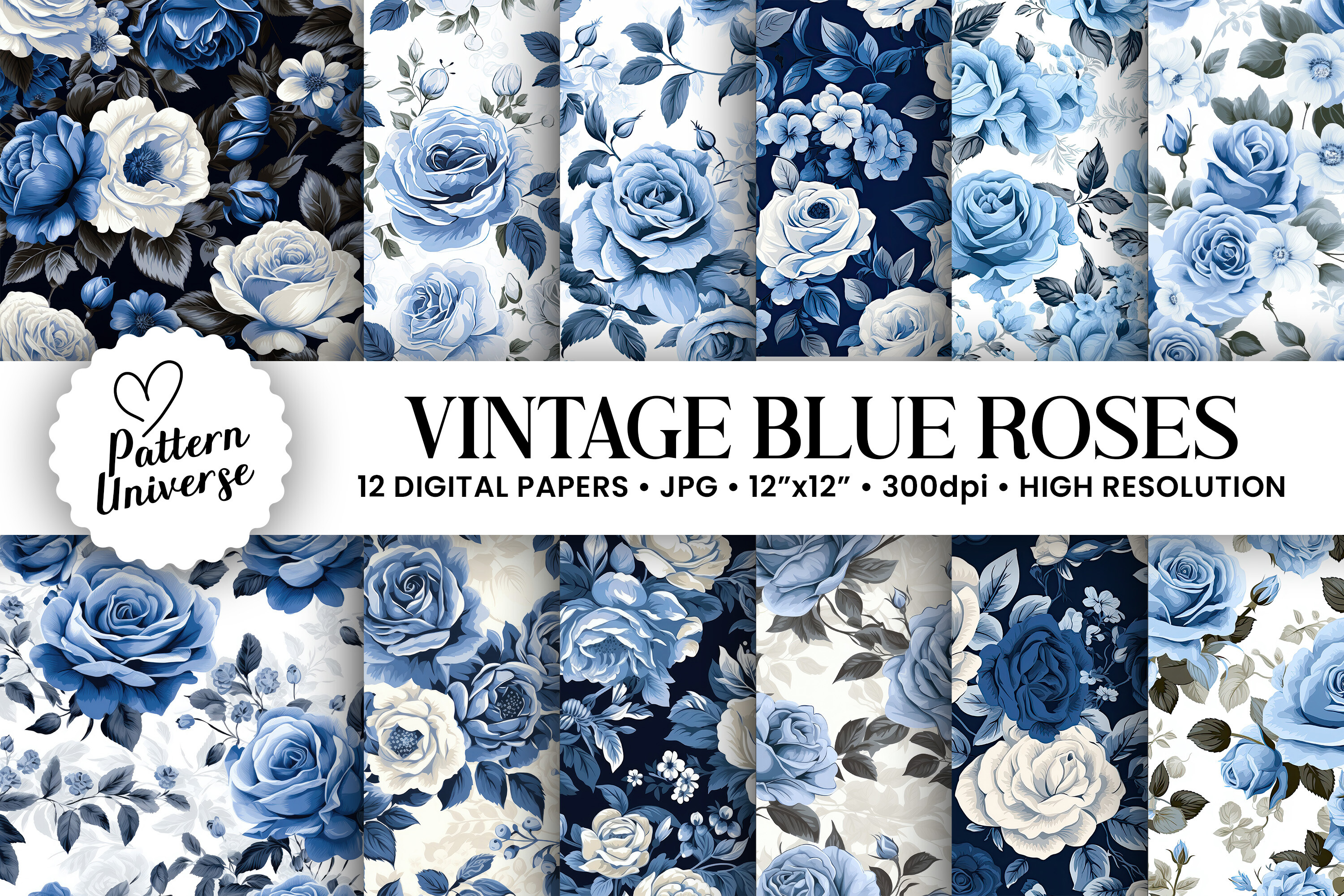 Vintage Navy Roses Digital Papers Graphic by Pattern Universe ...