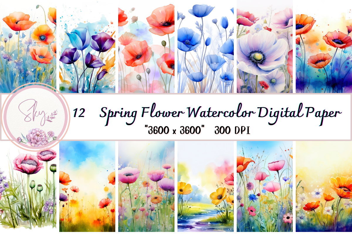 Spring Flowers Watercolor Digital Paper Graphic by Skye Design ...