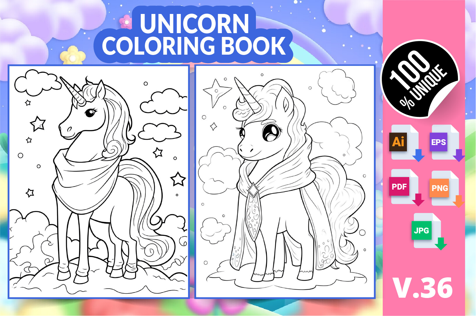 Unicorn Coloring Book KDP Interior V36 Graphic by Creative king ...