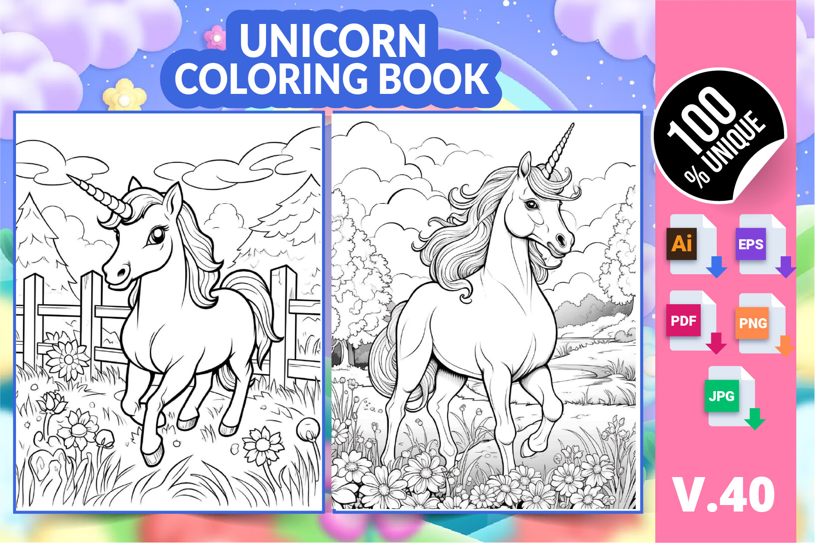 Unicorn Coloring Book KDP Interior V40 Graphic by Creative king ...
