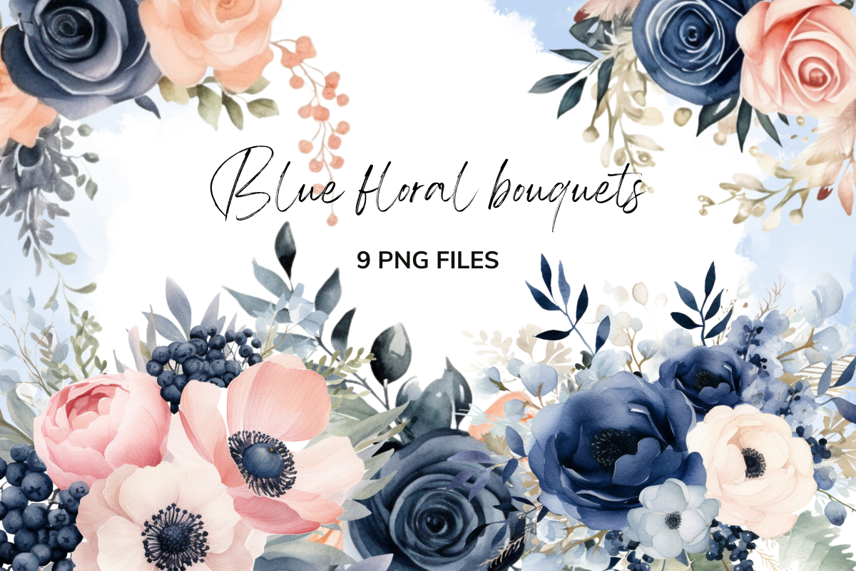 Navy blue flowers wedding watercolor