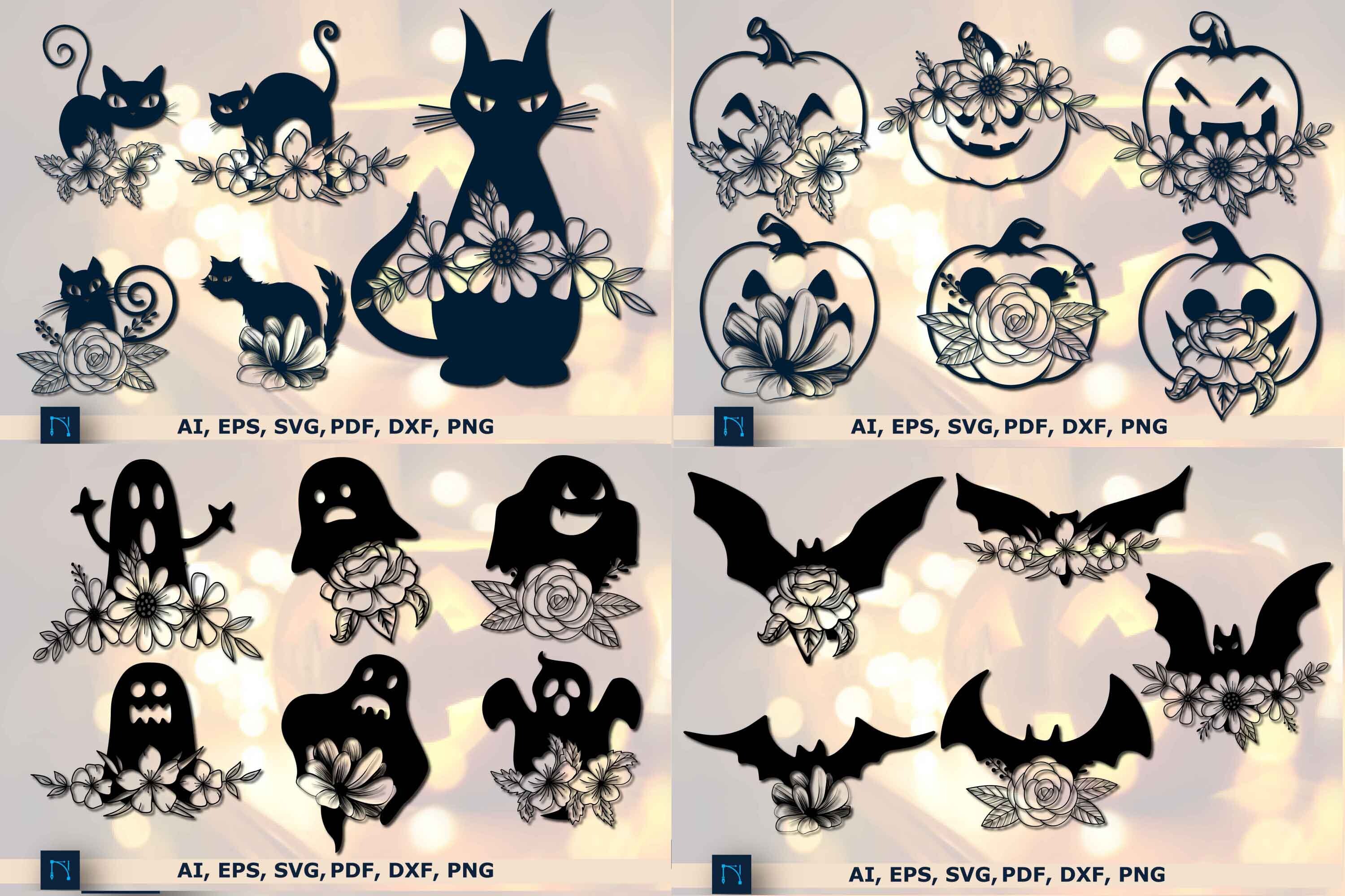 Floral Bat, Cat, Pumpkin & Ghost SVG Set Graphic by NGISED · Creative ...
