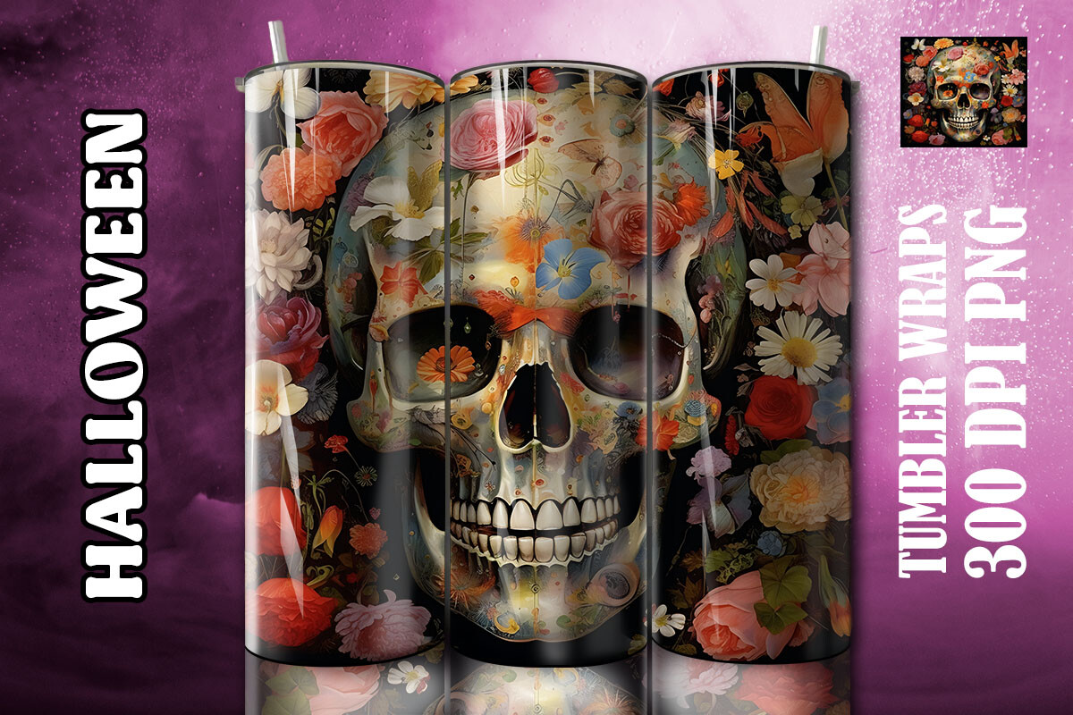Skull with Flowers Tumbler Wrap 90 Graphic by Arujoe · Creative Fabrica
