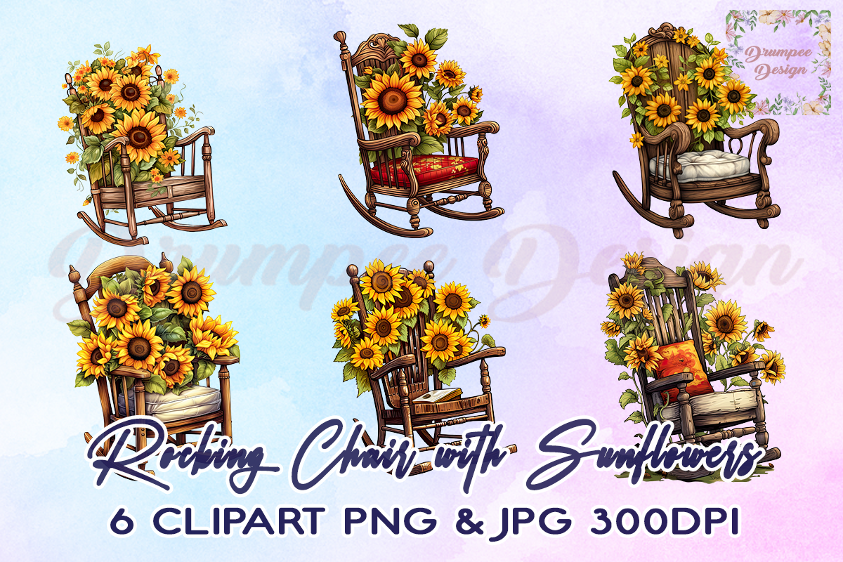 Rocking R Graphic Rocking Chair with Sunflowers Clipart Graphic by Drumpee Design ...
