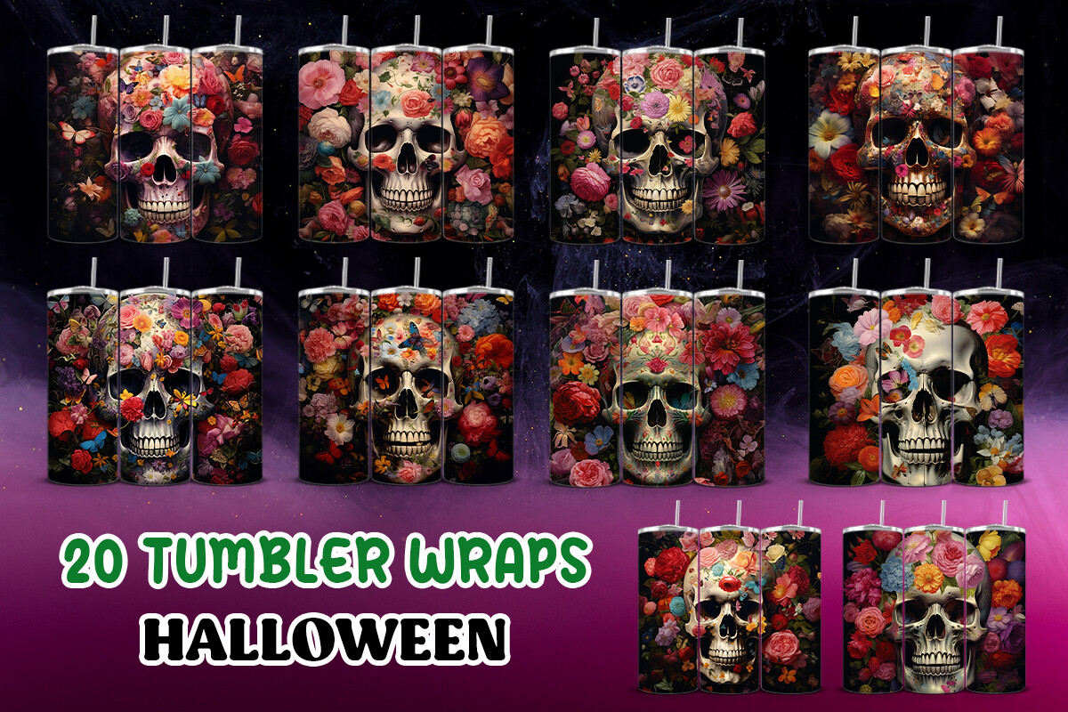 Skull Floral Halloween Tumbler Graphic by BabyOwl · Creative Fabrica