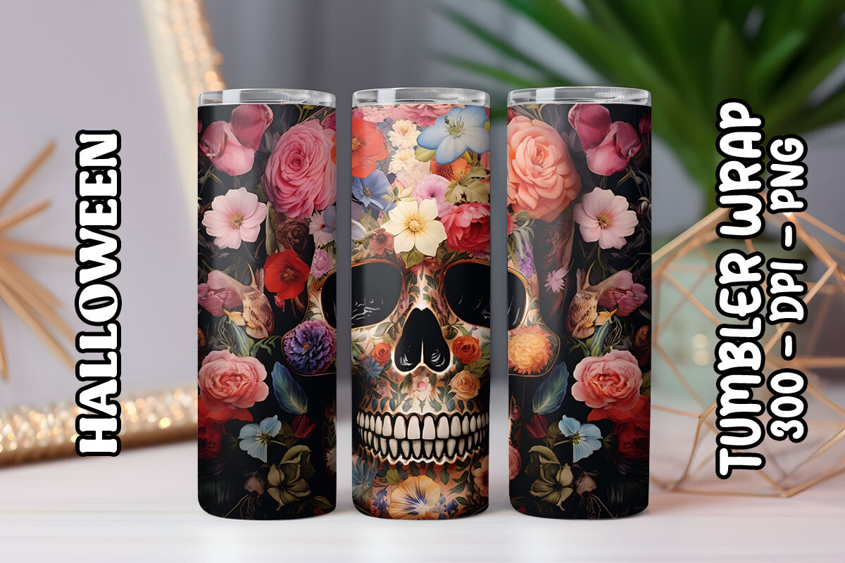 Skull with Flowers Tumbler Wrap 17 Graphic by BabyOwl · Creative Fabrica