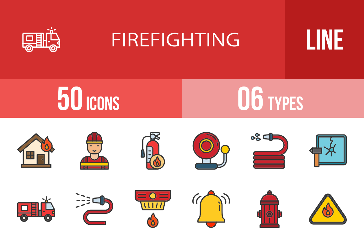 50 Firefighting Filled Line Icons
