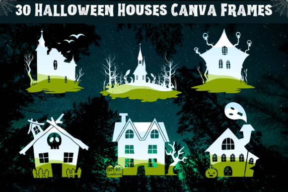 Halloween houses Canva frames with haunted house and bat shapes