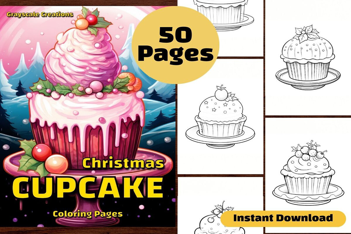 Cupcake Christmas Coloring Page Book Graphic by thegrayscalecreations ...