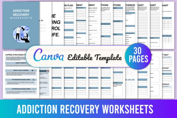 Addiction Recovery Worksheet Canva pages for structured reflection and tracking
