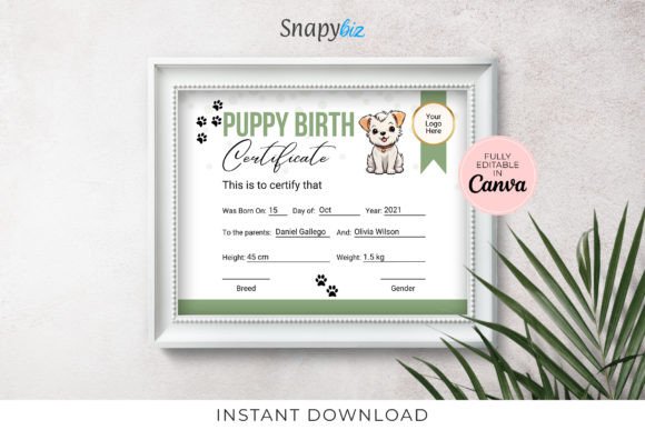 Printable Puppy Birth Certificate, Canva