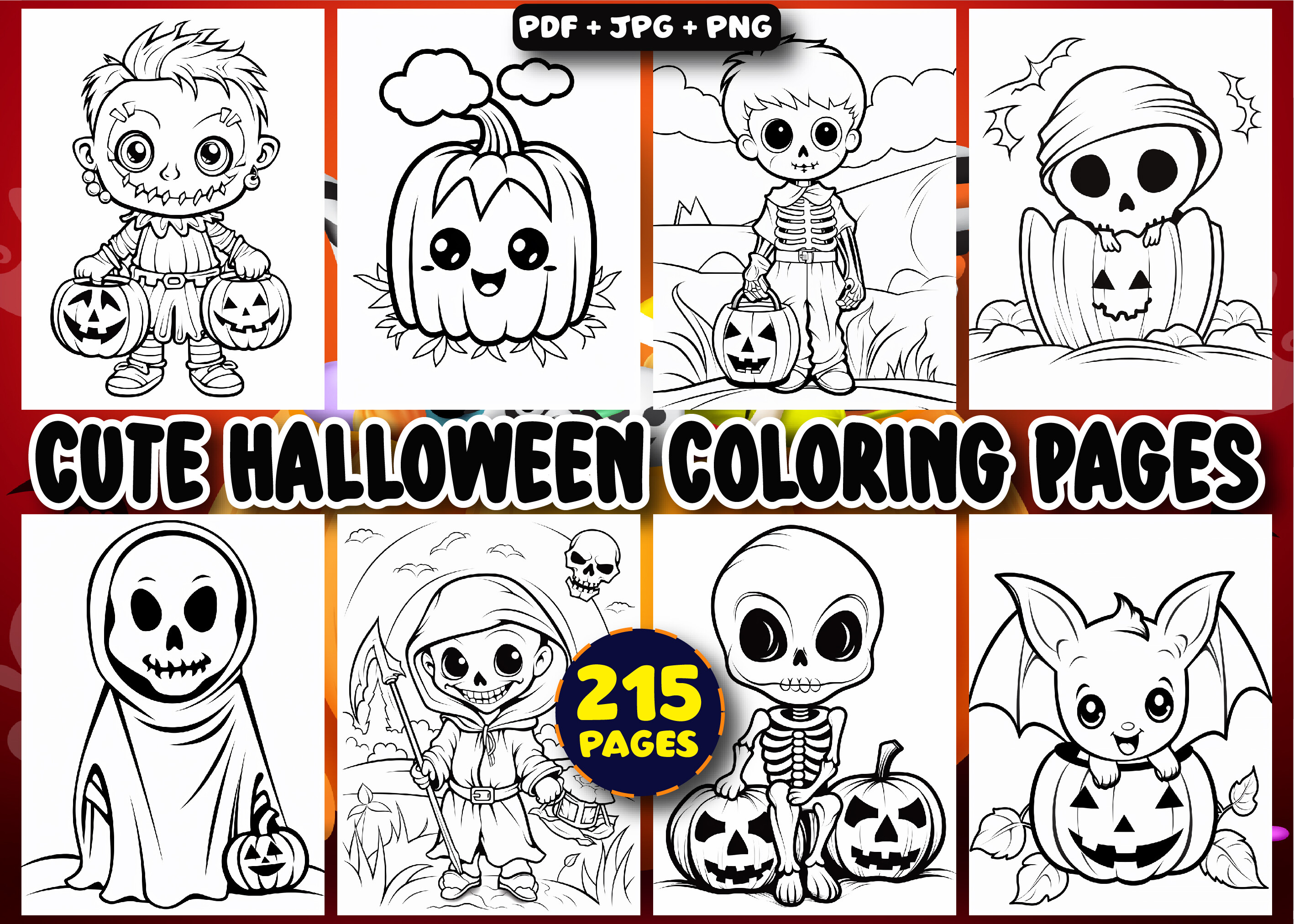 Collection cover for 215 cute Halloween coloring pages for kids