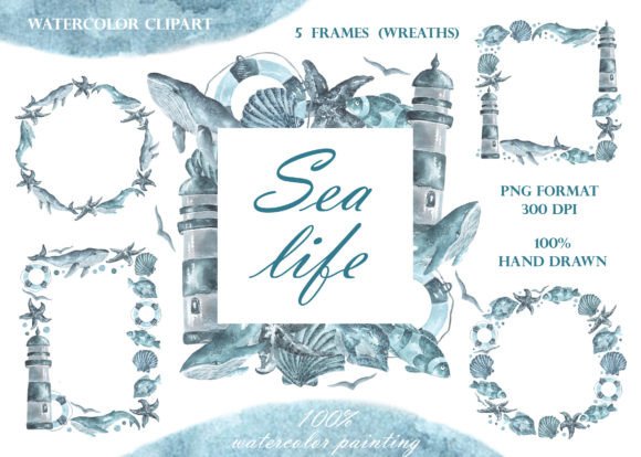 Sea Life Watercolor Frames, Wreaths. Graphic Illustrations By sabina.zhukovets
