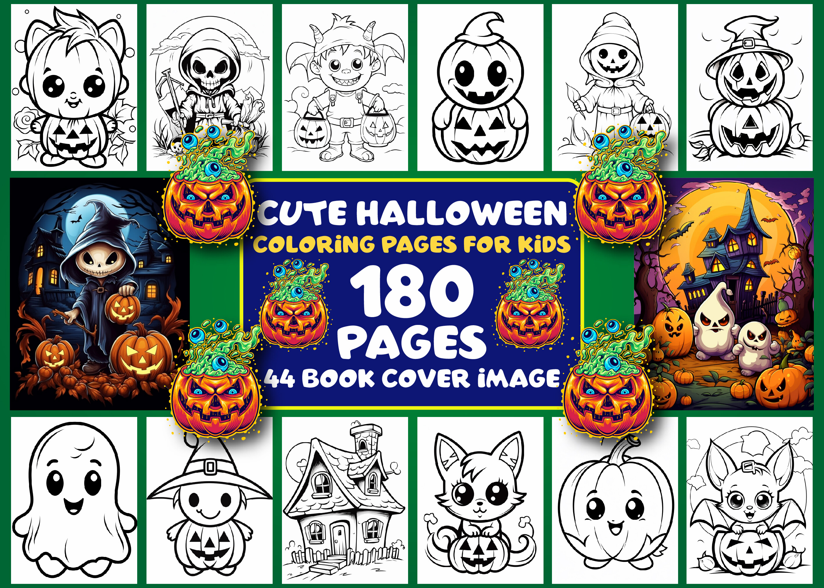 Collection cover showing 180 cute Halloween coloring pages for kids