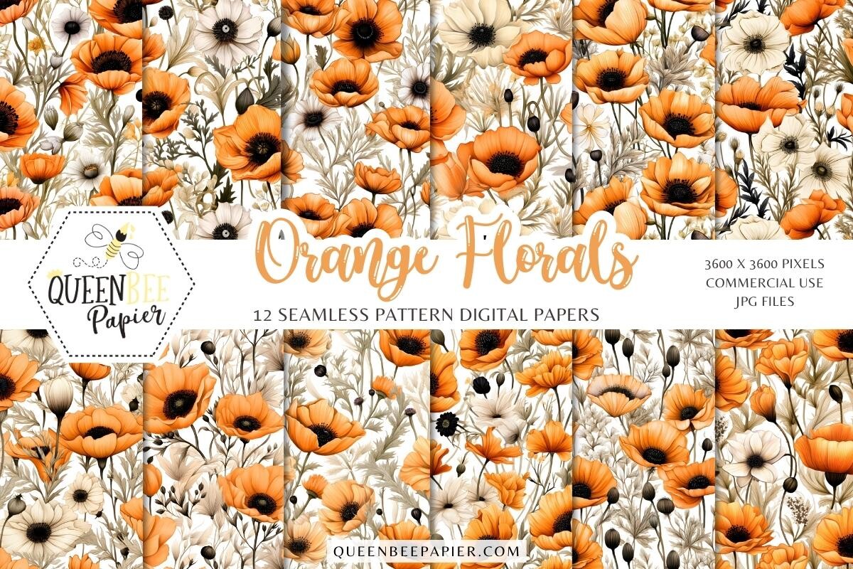 Orange Floral Digital Paper Graphic by Queen Bee Papier · Creative Fabrica