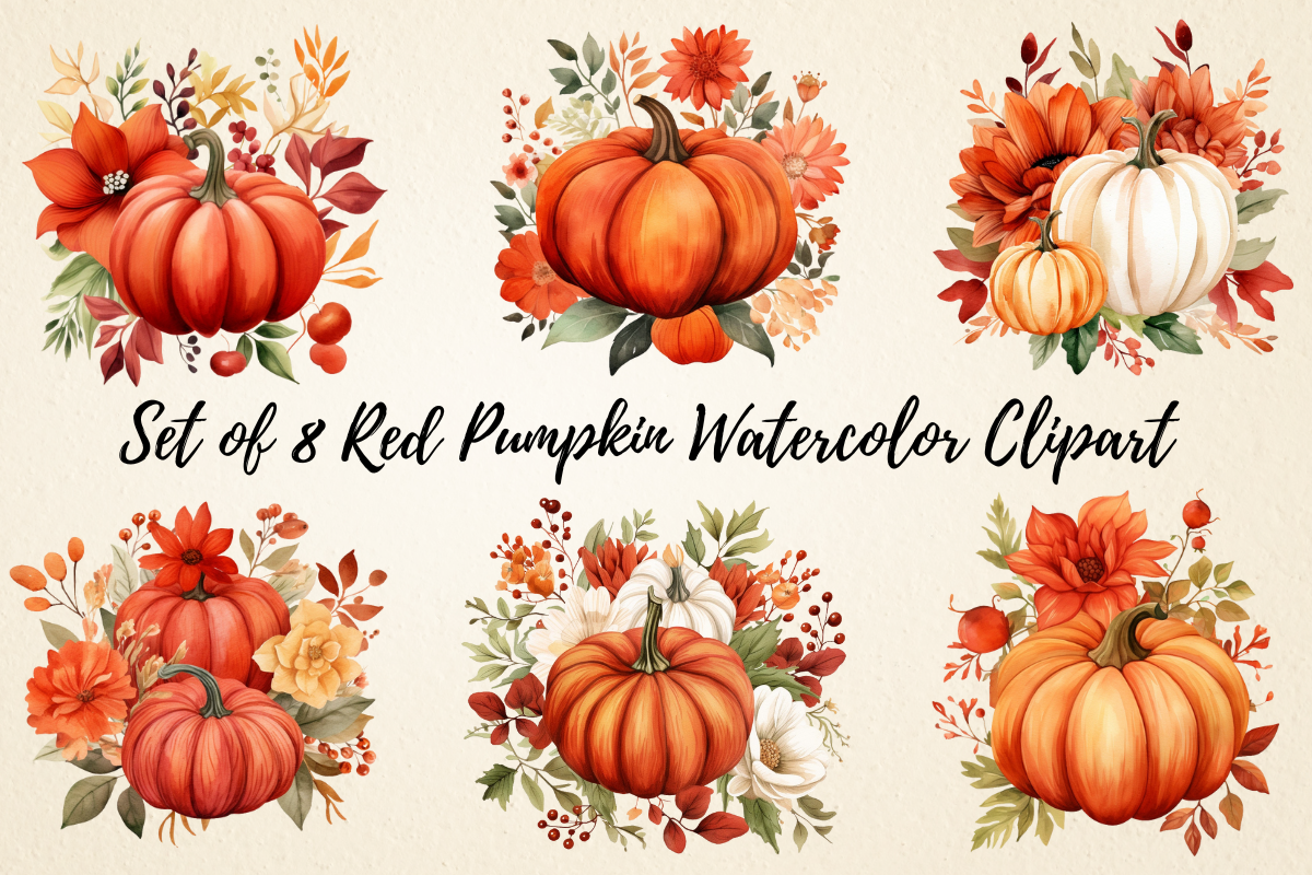 Floral Red Pumpkin Watercolor Clipart Graphic by pcudesigns · Creative ...