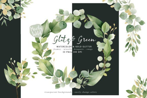 Watercolor Wreaths, Frames, with Gold