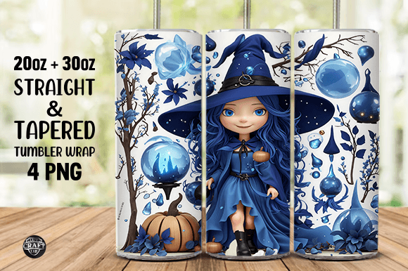 3D Blue Witch Halloween Tumbler Wrap PNG