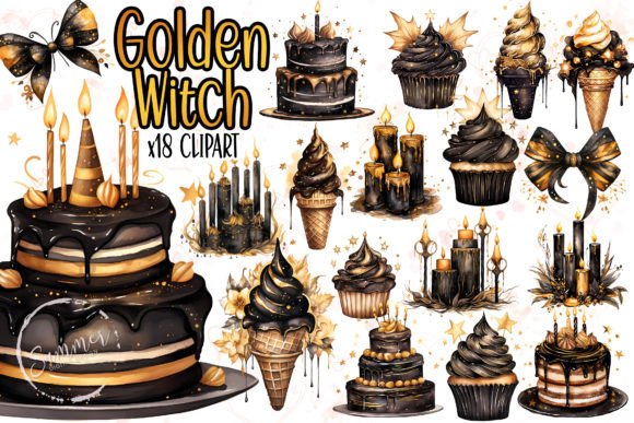 black aesthetic birthday dark gold witch clipart bundle printable editable