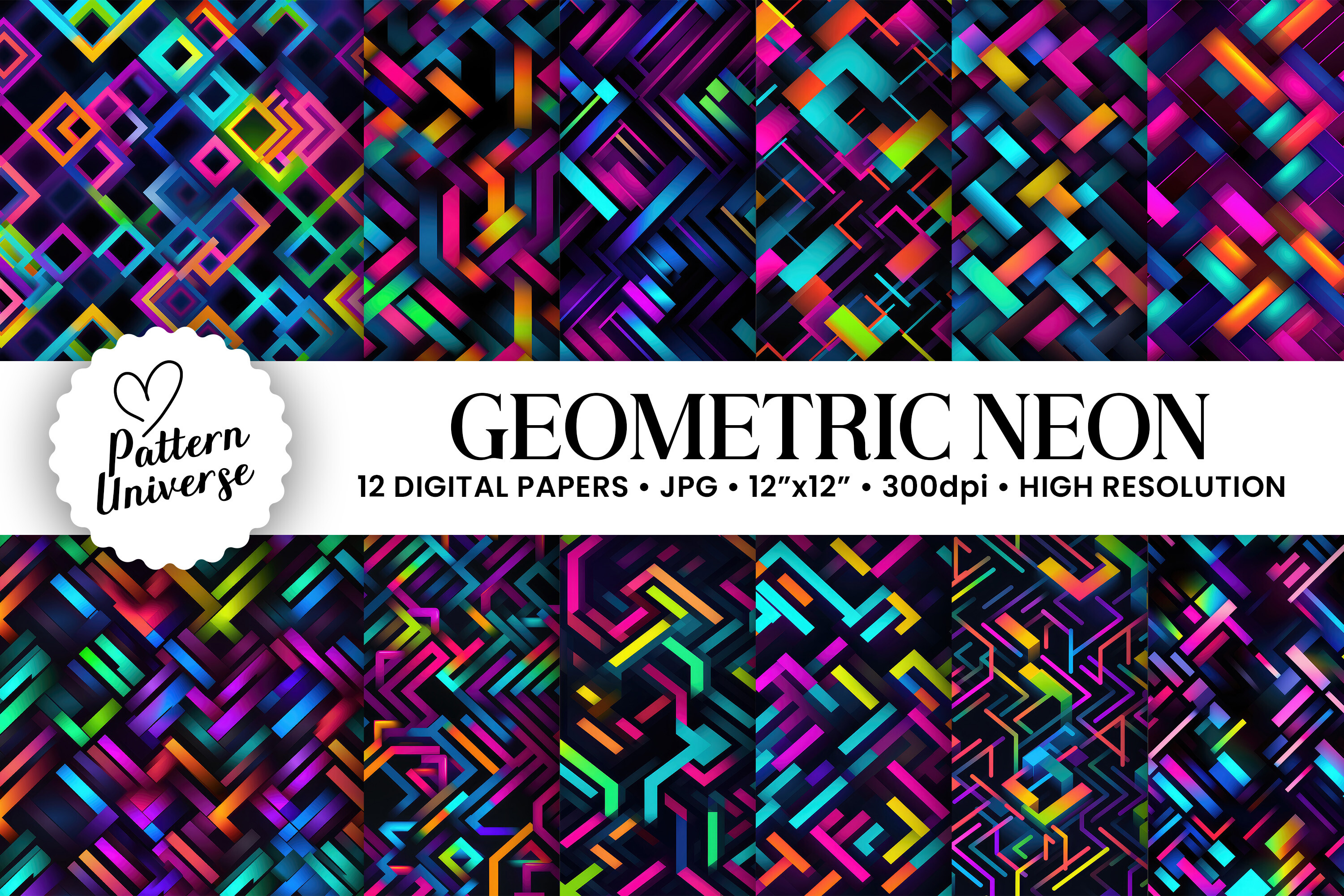 Neon Geometric Shapes Digital Papers Graphic by Pattern Universe ...