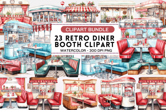 Watercolor Retro Diner Booth Clipart