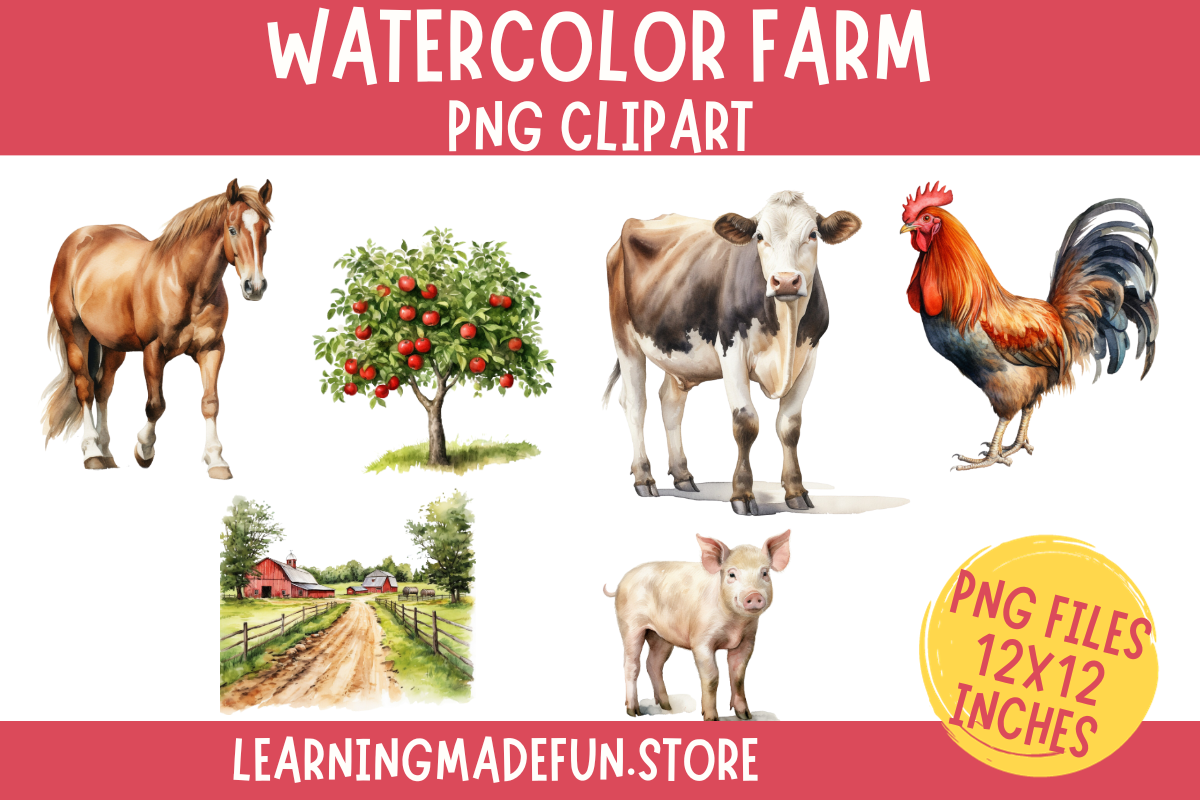 Watercolor Farm Animals PNG Clipart Graphic by Learning Made Fun ...