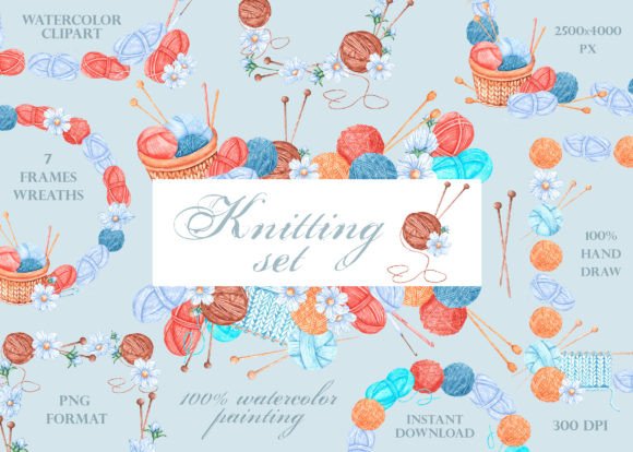 Knitting Watercolor Frame, Wreath, Logo.