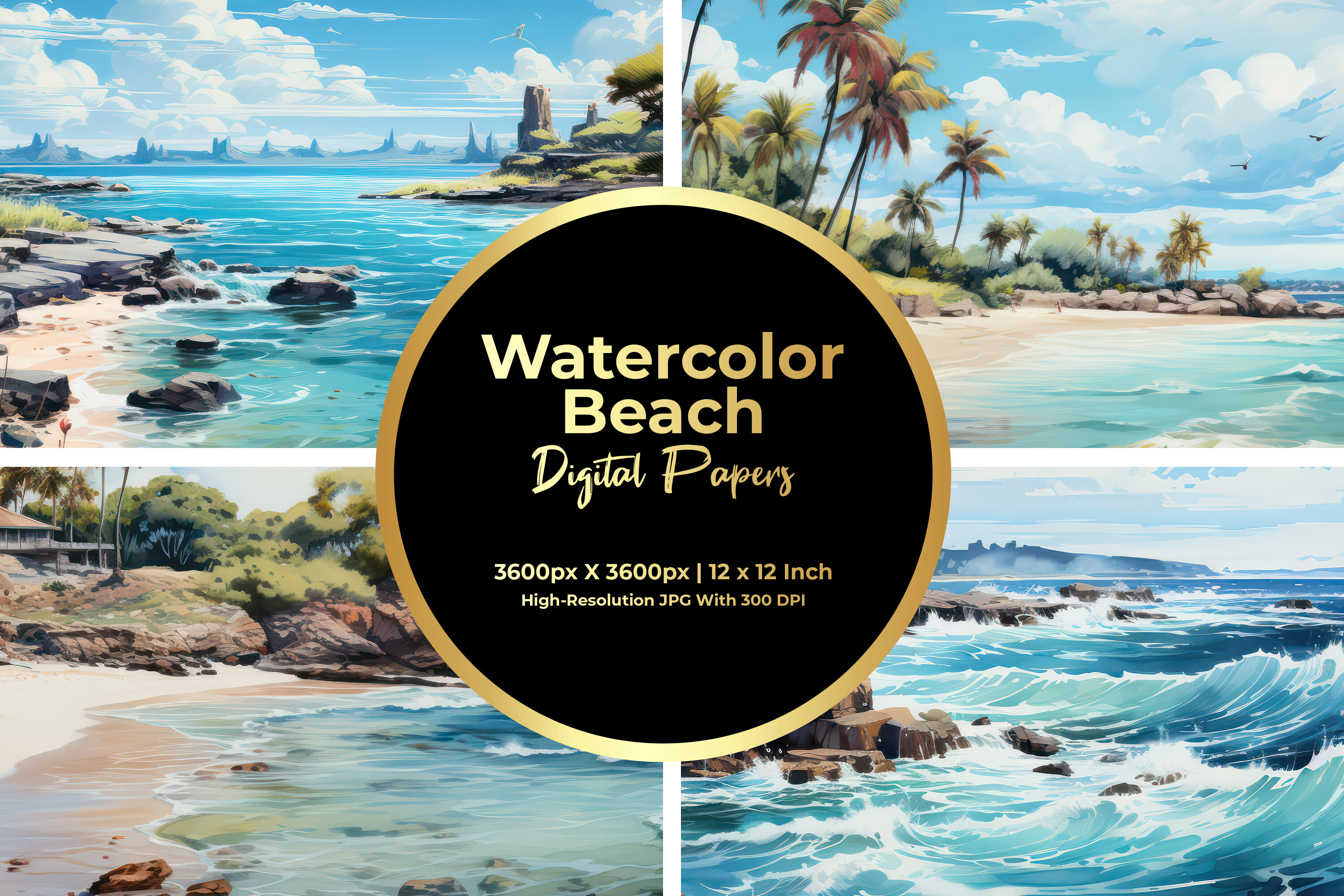 Watercolor Beach Digital Paper Graphic by Creative World · Creative Fabrica