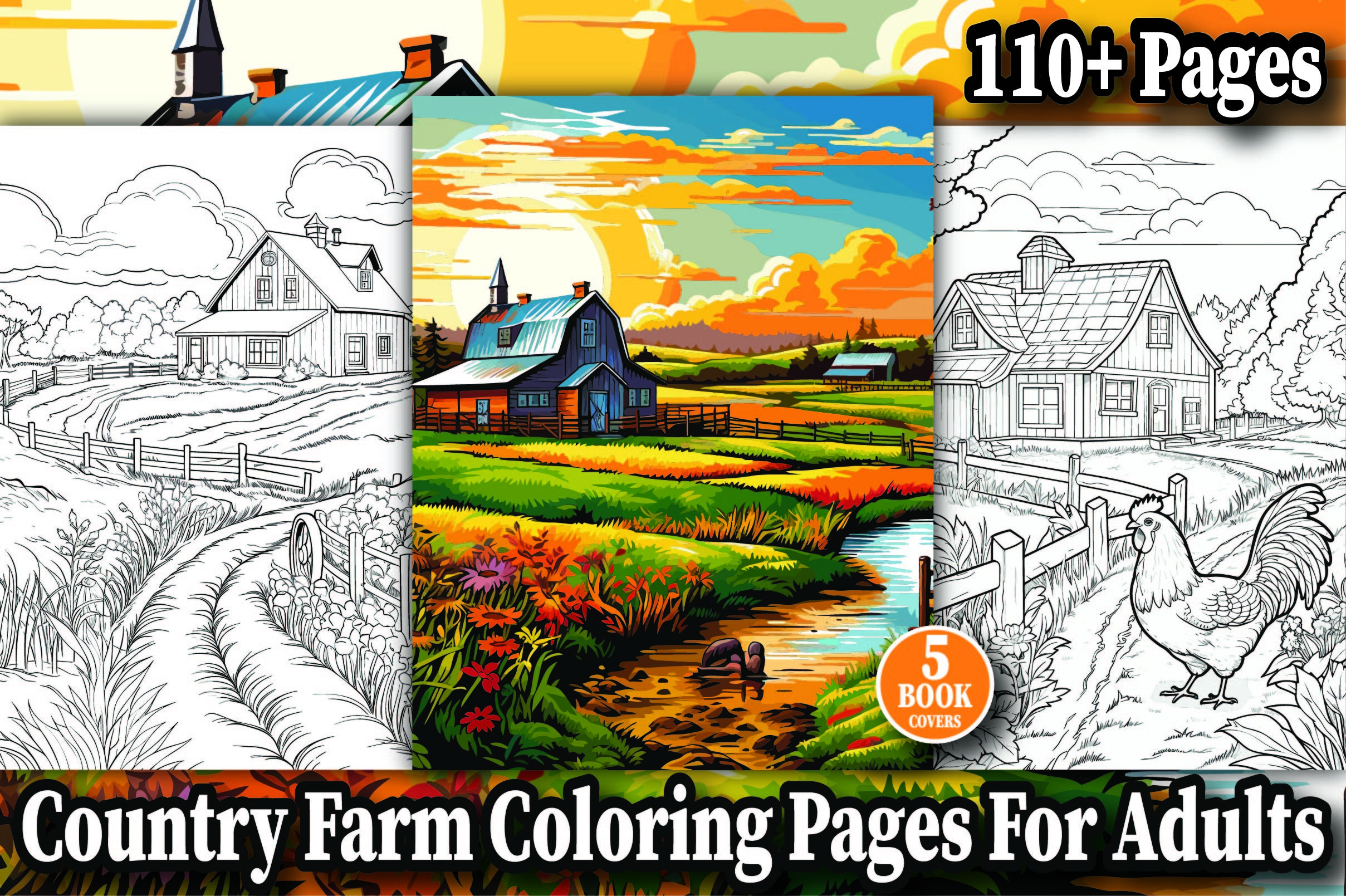 110 Country Farm Coloring Book Pages KDP