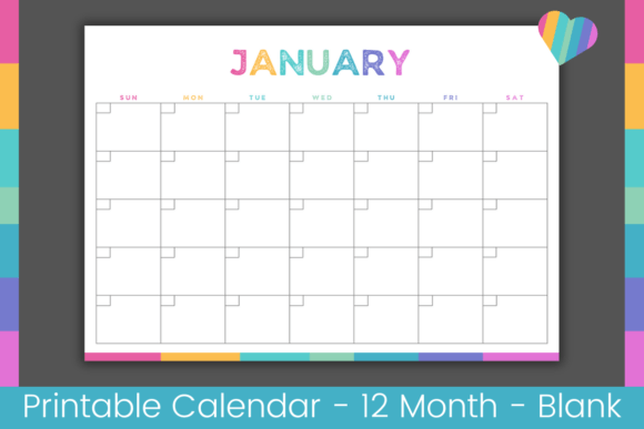 Colorful Blank Calendar Printable Graphic Print Templates By digitaldoodles64