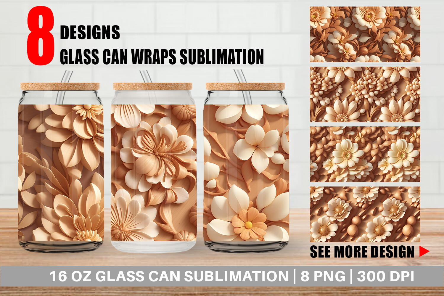Glass Can 3D Flower Wood Carving Graphic by Artnoy · Creative Fabrica