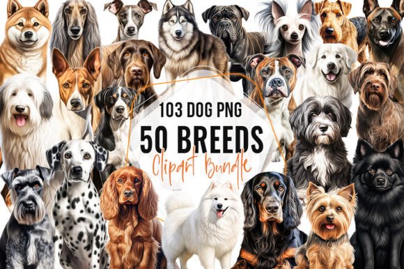 50 breeds 103 dogs png clipart bundle sublimation custom memorial portrait gift