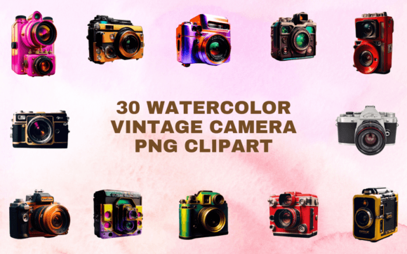 30 Watercolor Vintage Camera PNG Clipart