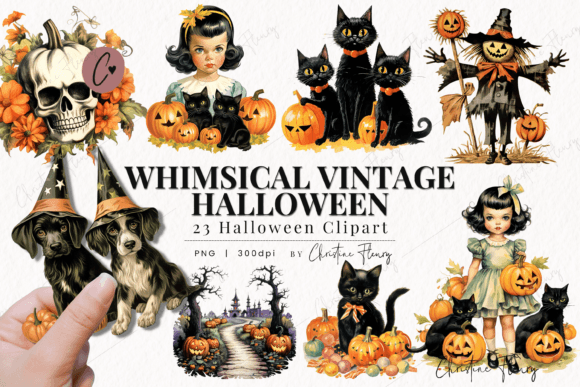 Whimsical Vintage Halloween Clipart Graphic Illustrations By Christine Fleury