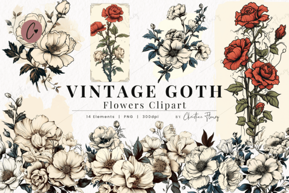 Vintage Goth Flowers Clipart Graphic Illustrations By Christine Fleury