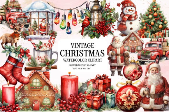 Vintage Christmas Watercolor Clipart Graphic by Ak Artwork · Creative ...