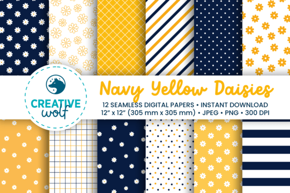 Navy, Yellow and White Daisies Patterns Graphic Patterns By Creative Wolf Design