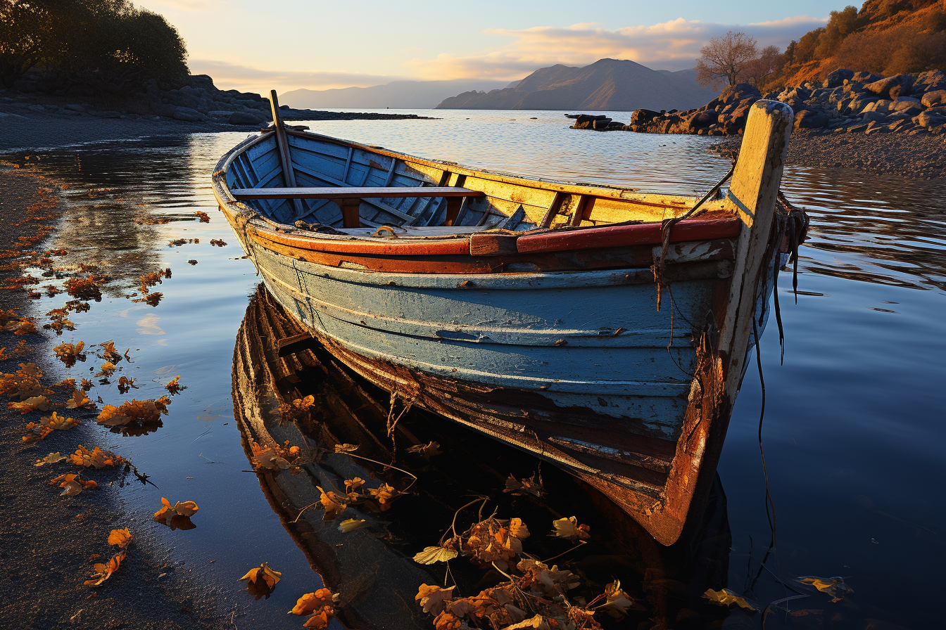 Old Wooden Boat on Beach at Sunset Graphic by saydurf · Creative Fabrica