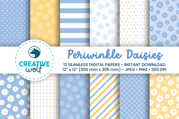 Periwinkle Daisies Digital Paper Set Graphic Patterns By Creative Wolf Design