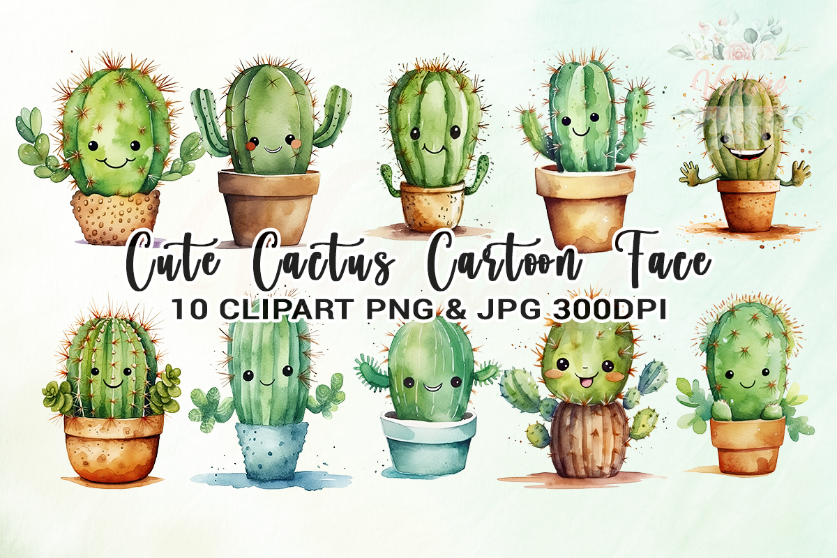 Cute Cactus Cartoon Face Clipart Graphic by Venime  Creative Fabrica