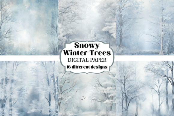 Snowy Blue Winter Trees Digital Paper