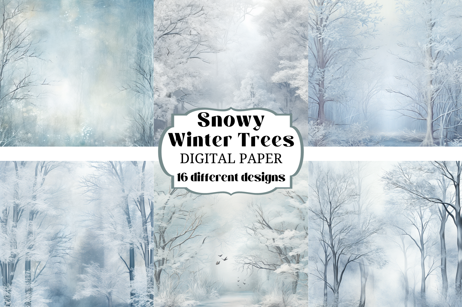 Snowy Blue Winter Trees Digital Paper