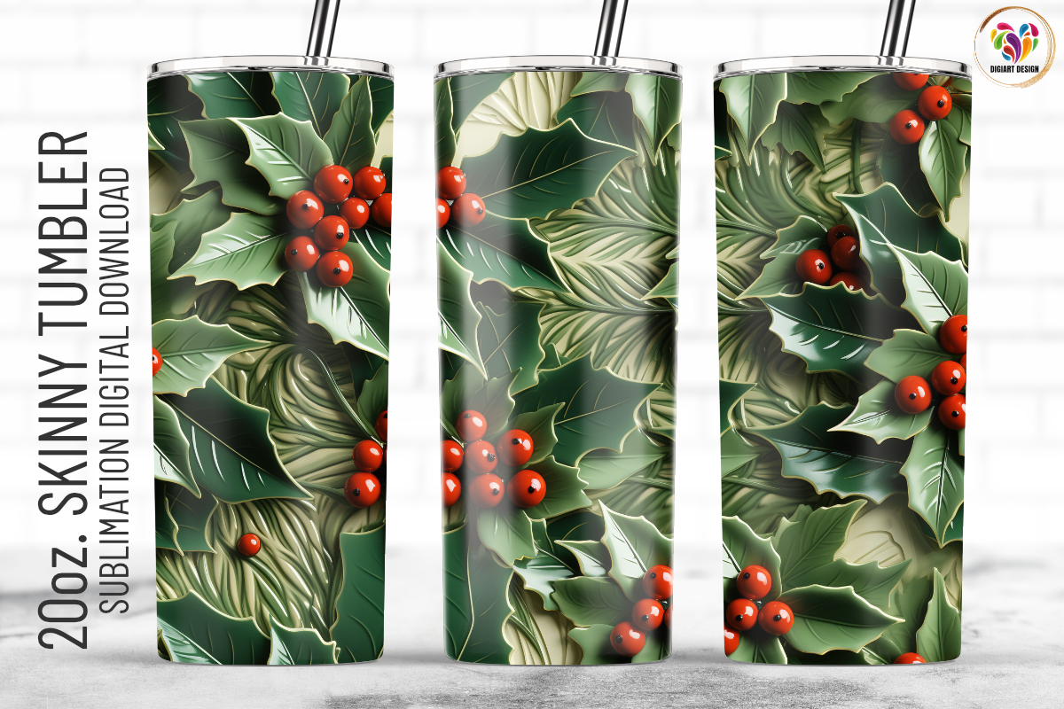 3D Christmas Leaves Tumbler Wrap Graphic by DigiArtDesign · Creative ...